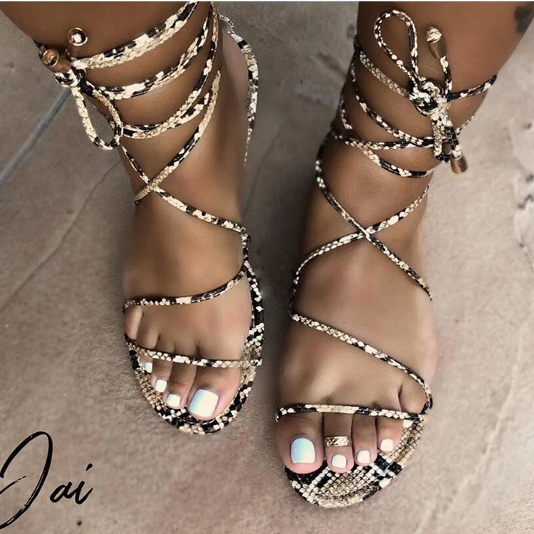 

New 2021 Latest New Bohemian Sandals Flat Snakeskin Gladiator Sandals