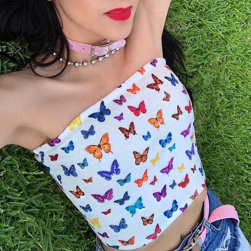 

2022 Wholesale Summer Fashion Off Shoulder Sleeveless Sexy Women Ladies Butterfly Printing Corset Crop Top