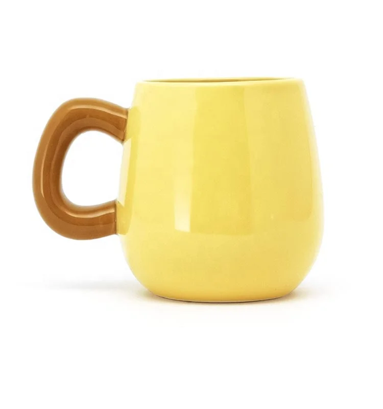 
Oval shape 16OZ ceramic stoneware smart coffee mugs plants mug yellow grey for gift 