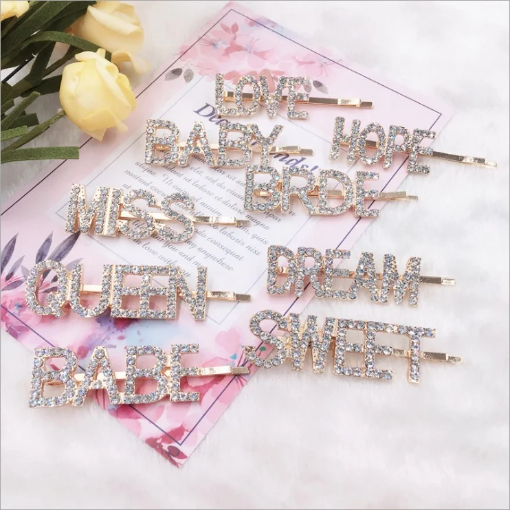 Hot-selling Gold Letter Hair Pins Crystal Alloy Wedding Hair Accessories Custom Hair Clip with Words