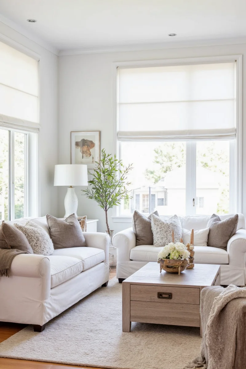 Washable throw pillows and blankets on a white sofa