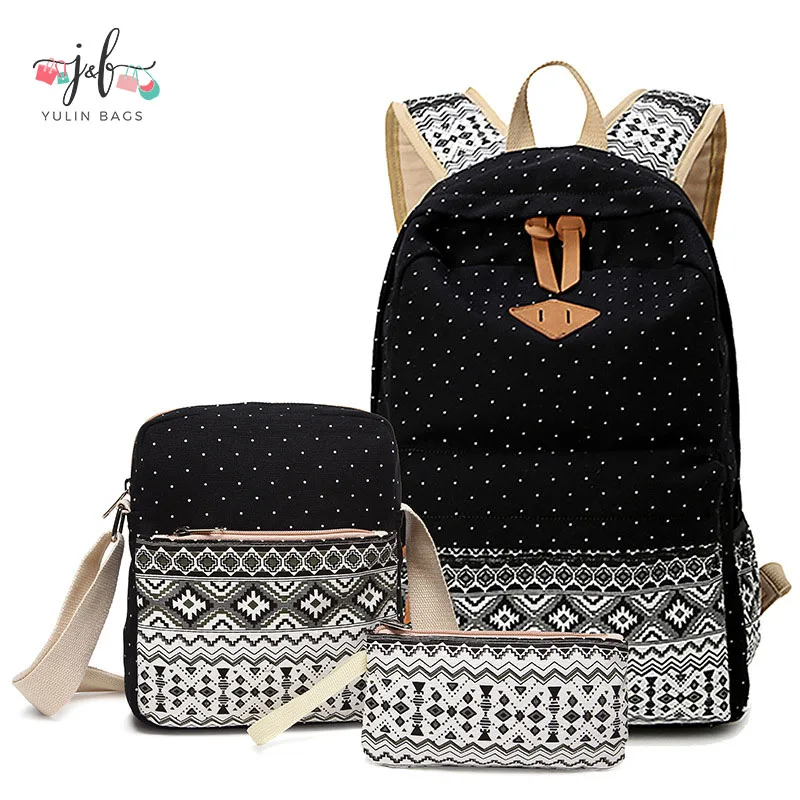 

Canvas high school lunch bag custom student kid 3 pieces school bag set girls