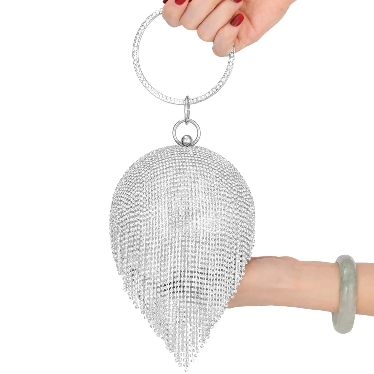 

Boutique Elegant Tassels Women Round Bag Ball Purses Crysal Evening Clutch Bags Wedding Party Diamond Wristlets Handbags