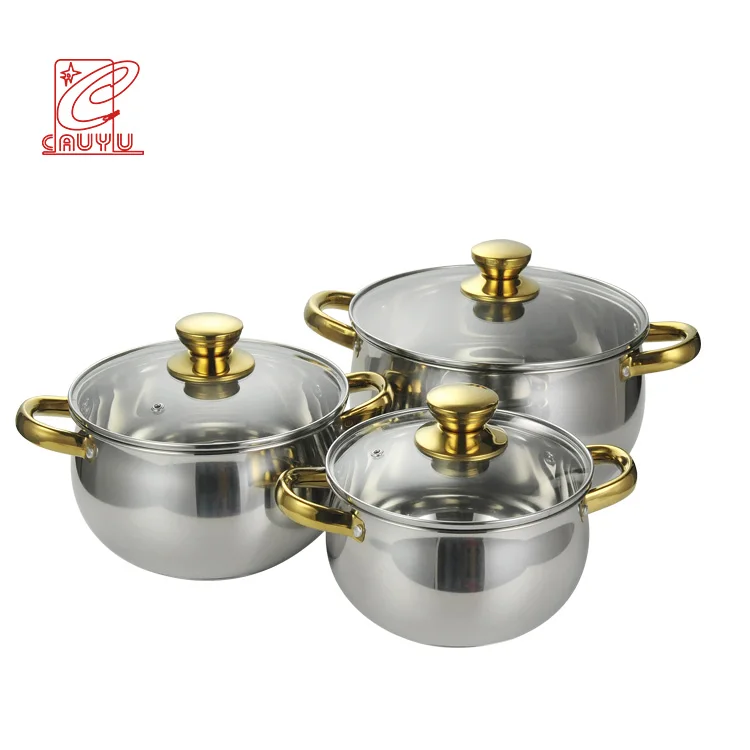 

New modern 6 pcs kitchen cooking ware stainless steel pot casserole set with gold handle tencere setleri