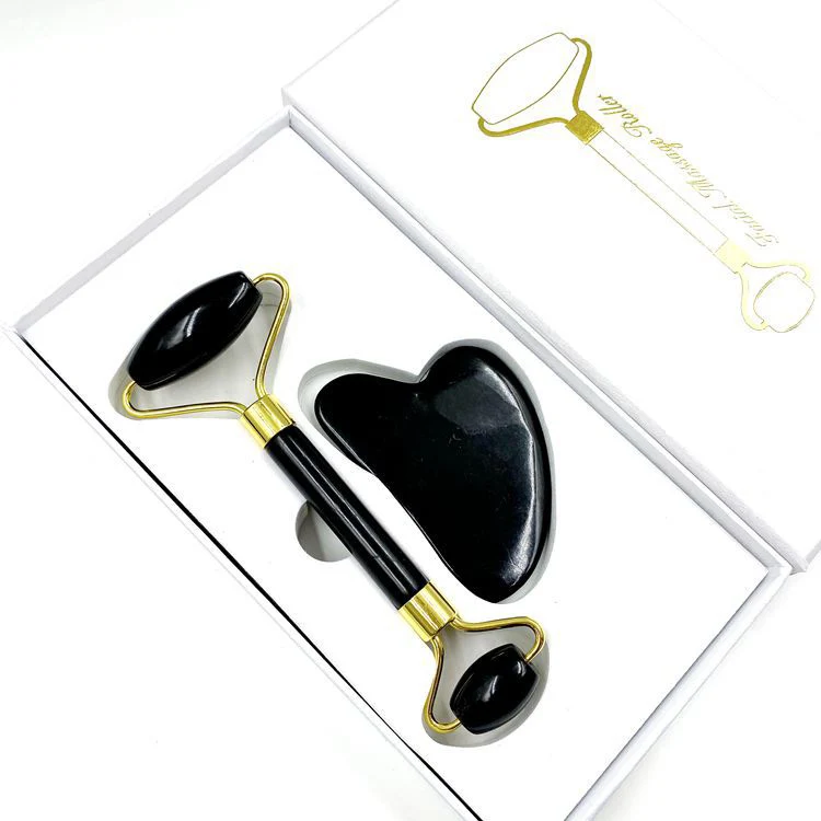 

private label authentic textured stainless steel facial jade roller gua sha black set