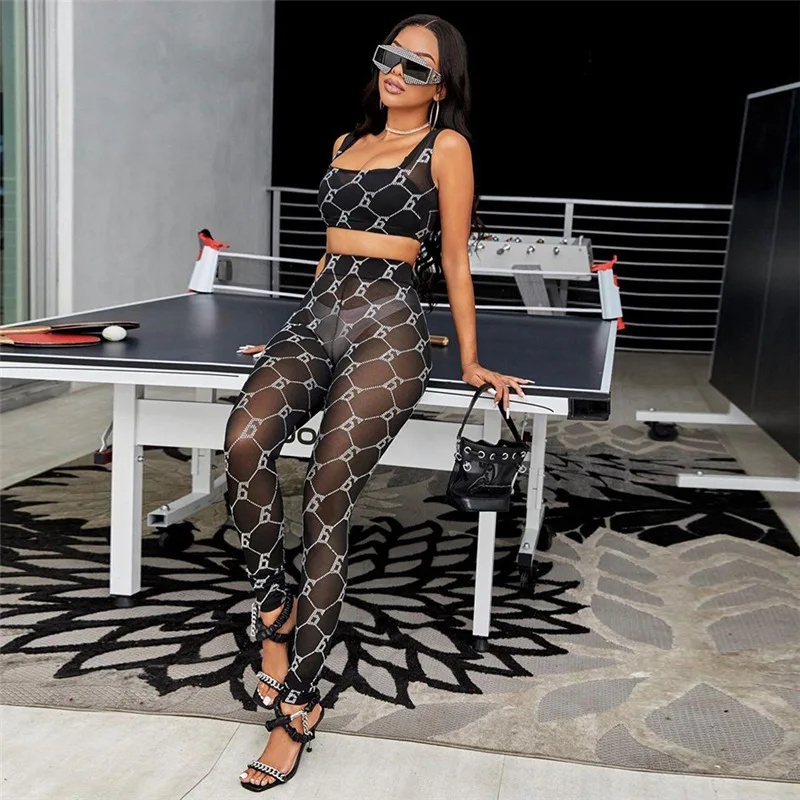 

2022 Sleeveless Vest High Waist Pants Spring Two Piece Sets Women Print Mesh Perspective