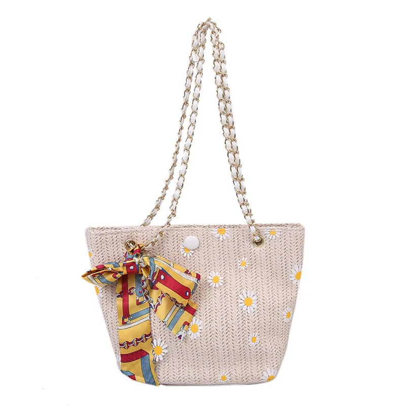 

New Design Bow Decoration Flowers Pattern Straw Handbag Ladies Crossbody Hand Bag Luxury PU Leather Hasp Tote Shoulder Bag, Khaki,beige