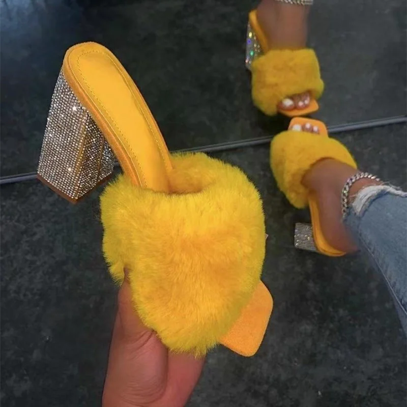 

Luxury Bling Rhinestone Chunky Heel Fluffy Fur Sandals Women High Heel Shoes Square Toe Big Size 10.5 Slip On Slippers for Girls, Black,yellow,red,pink