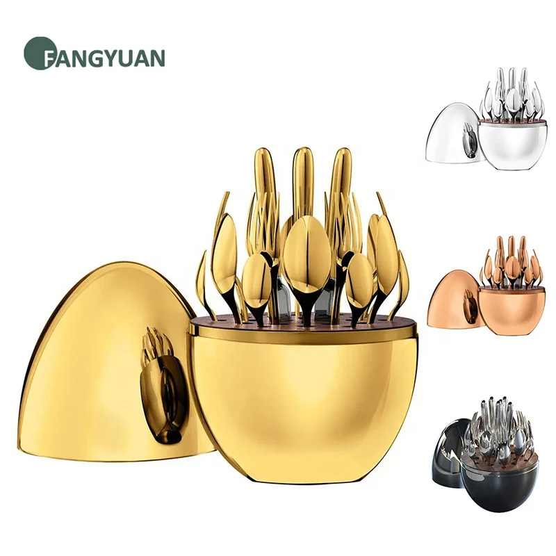 

FANGYUAN luxury mood egg shape holder stainless steel 304 24pcs silver egg cutlery set, Silver / gold / rose gold / black