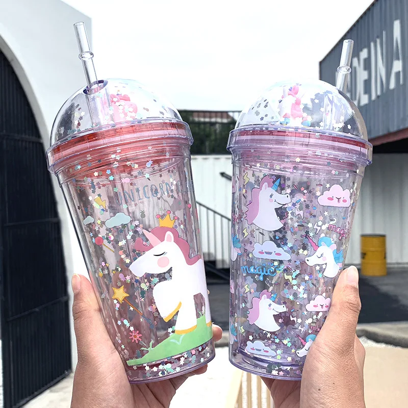 

Zogift wholesale reusable cute unicorn cartoon design double wall plastic straw drinking cup glitter tumbler cup with straw, As picture