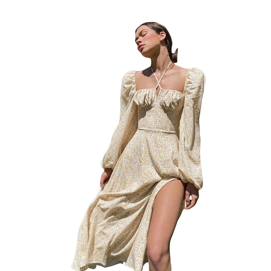 

K21D05083 Autumn Fashion Print Dress Bandage Sling Halter Lantern Long Sleeve Ladies Casual Sexy Split Dress