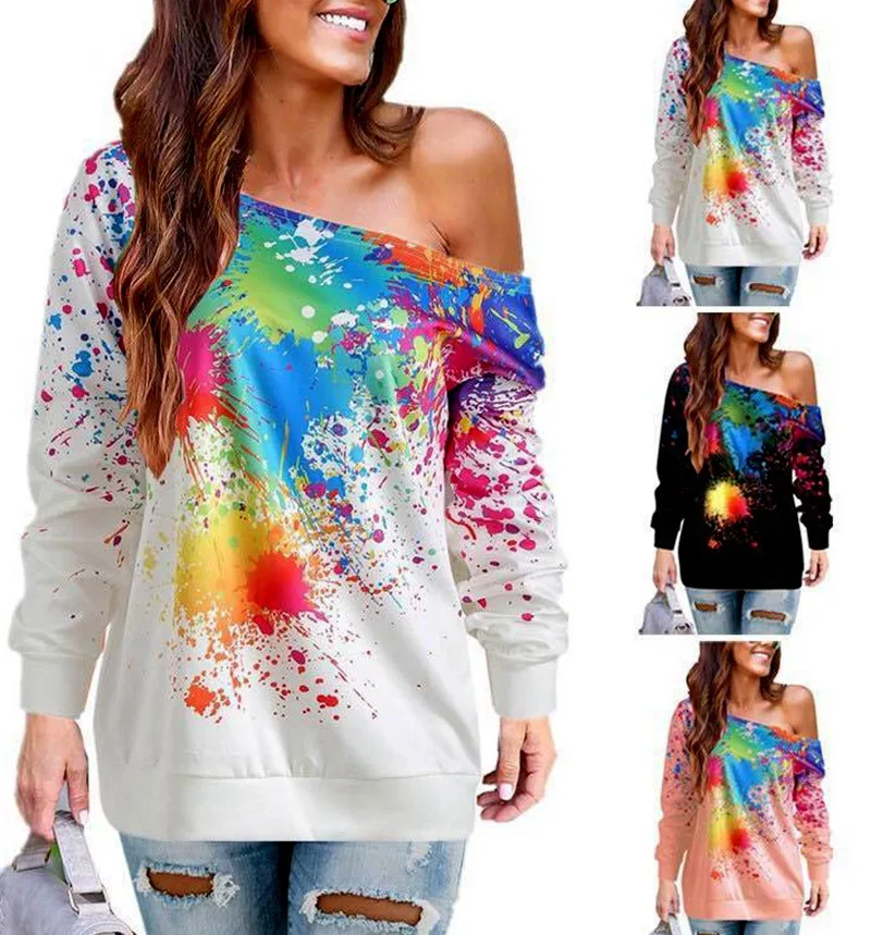 

Fashion Hoodie Women Sexy Skew Neck Long Sleeve Paint Splatter Print Sweatshirt Top Blouse Sudaderas Para Mujer Hoodie Women, Customized color