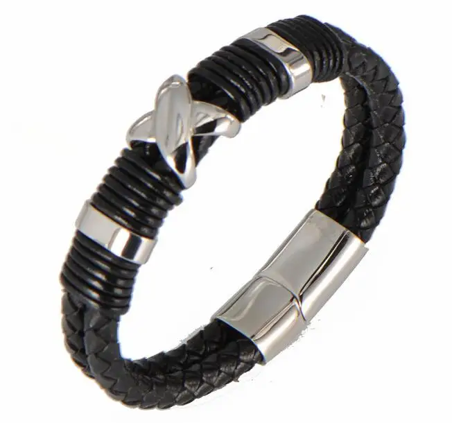 

Stainless Steel X Charm Weave Genuine Leather Bracelet