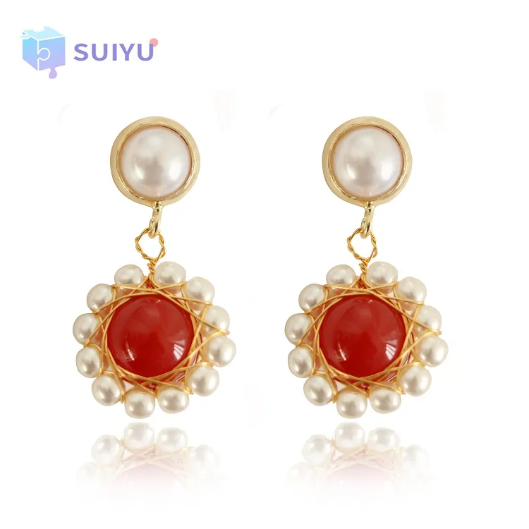 

Hot Sale French Baroque Vintage Red Agate Pearl Drop Earrings Retro Red Gemstone Pearl Baroque Women Fashion Accessory Earrings