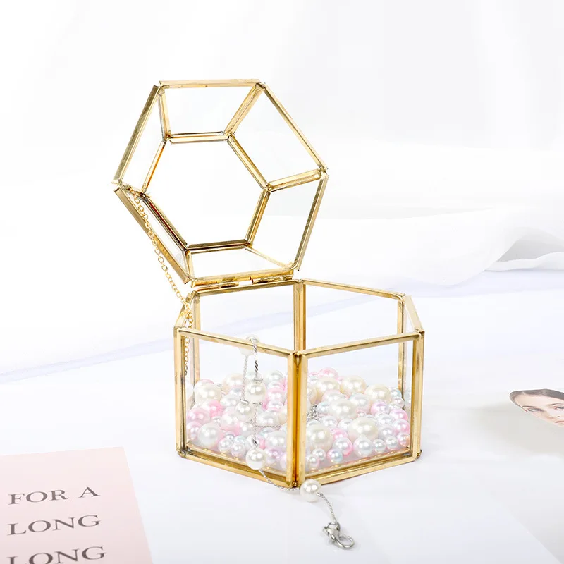 

Custom Logo With Lid Golden Hexagonal Display Storage Vintage Glass Jewellery Box, Pink, black