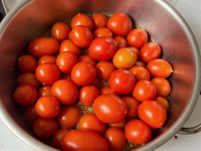 Fresh Roma tomatoes simmering in stainless steel pot