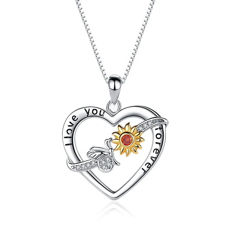 

925 Sterling Silver bee chrysanthemum Jewelry I Love You Forever Heart Shape sunflower Pendant Necklace