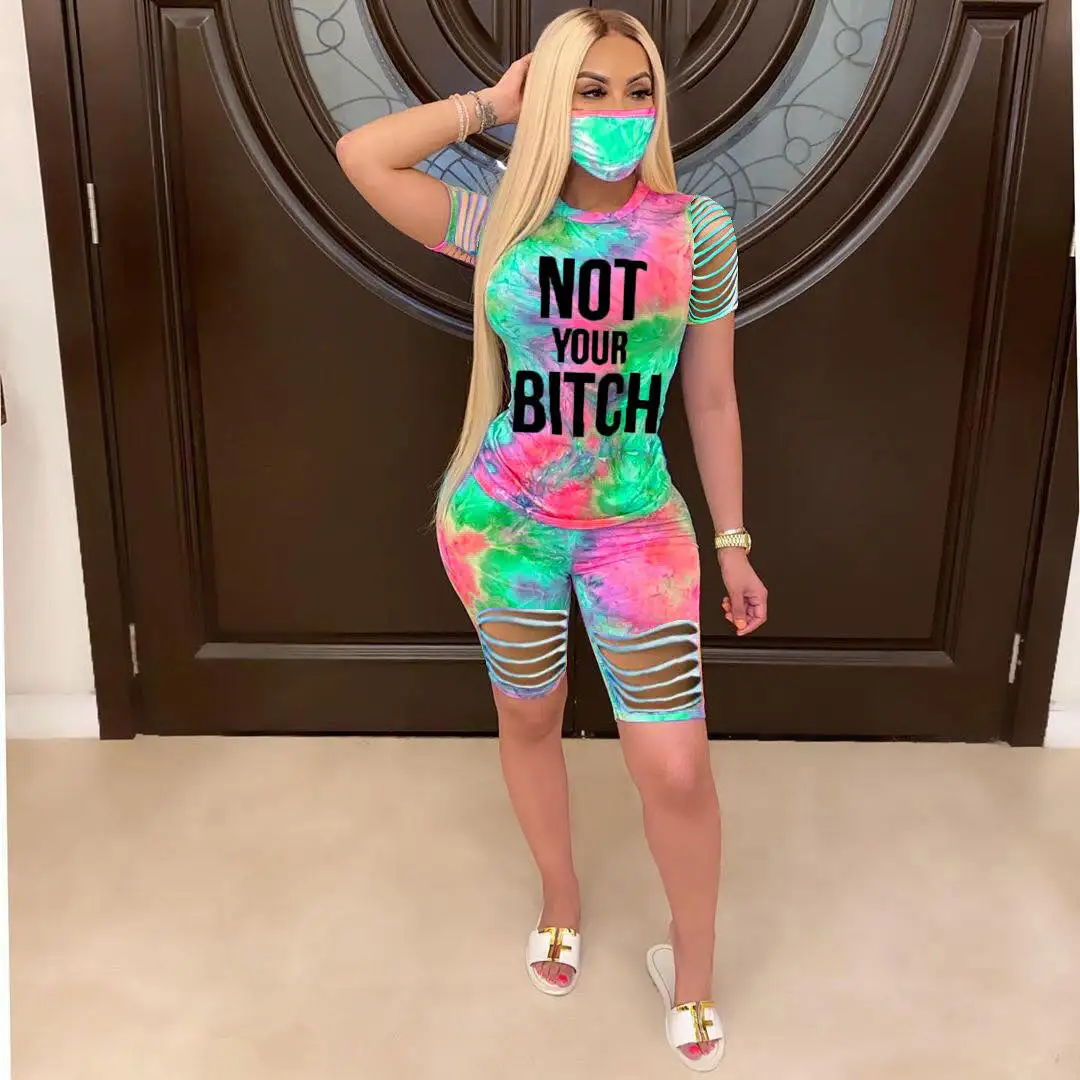 

W&A W 2021 New Arrival stylish women tie dye letter print two pieces set not with face cover American casual wear outdoor suit, One colors as picture
