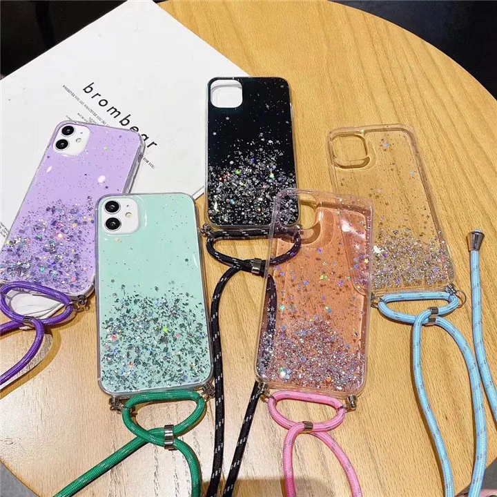 

With Neck Strap Rope Cord Clear Glitter Case for iPhone 11 11Pro 11 Pro Max X XR XS MAX