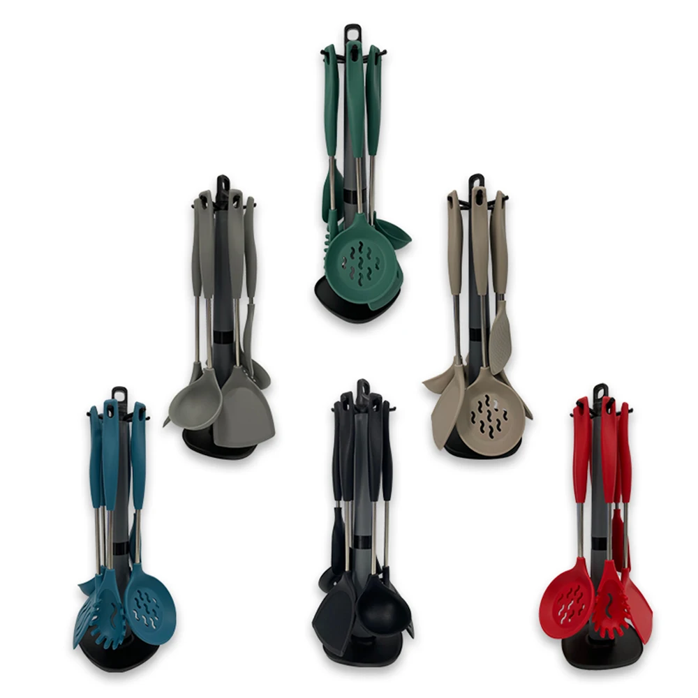 

6 Pieces Set Stainless Steel Handle Silicone Kitchenware Silicone Kitchen Tools With Storage Rack, 6 colors