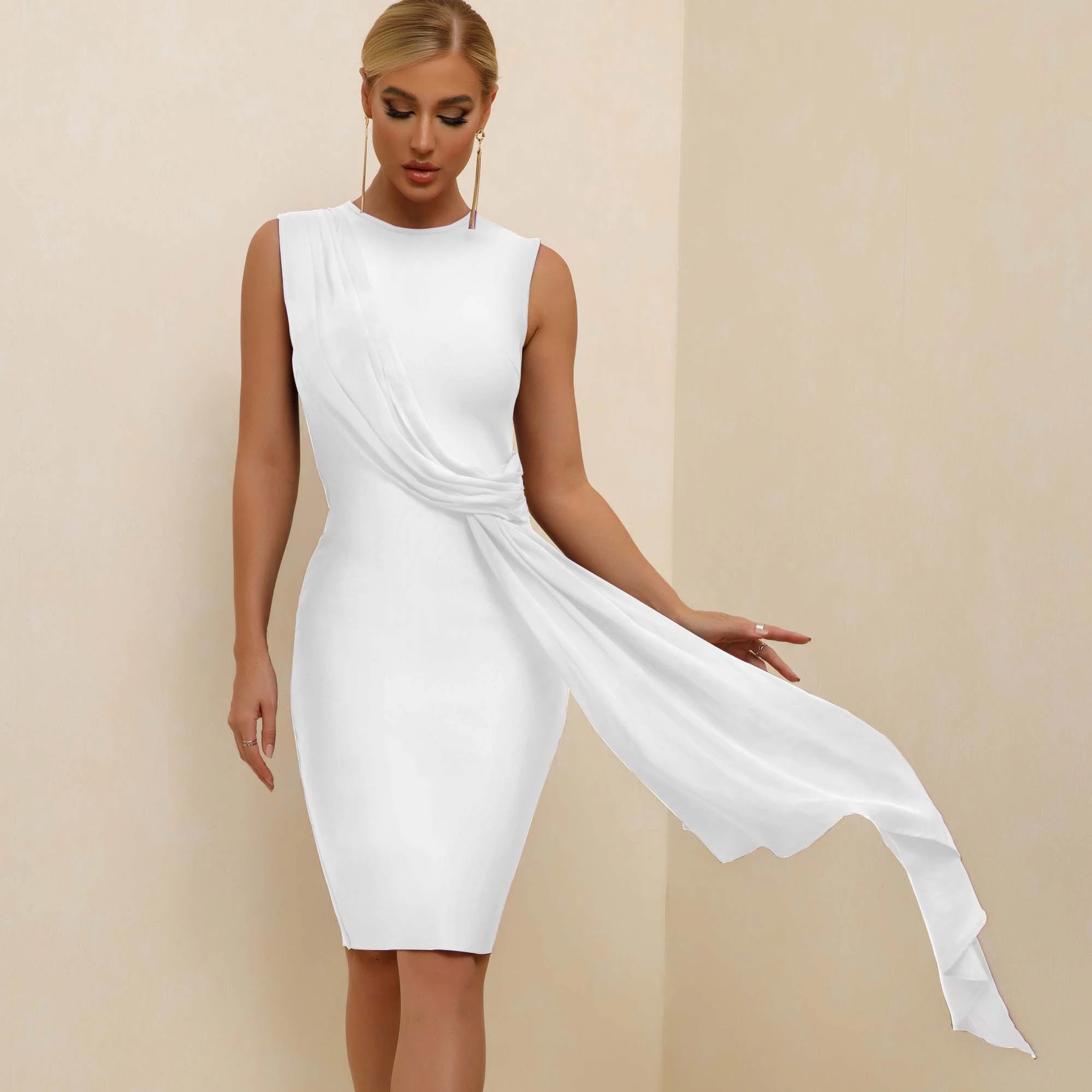 

2021 Latest Design Pleated Round Neck Midi Dress White Night Sexy Sleeveless Women Club Bandage Bodycon Party Dress