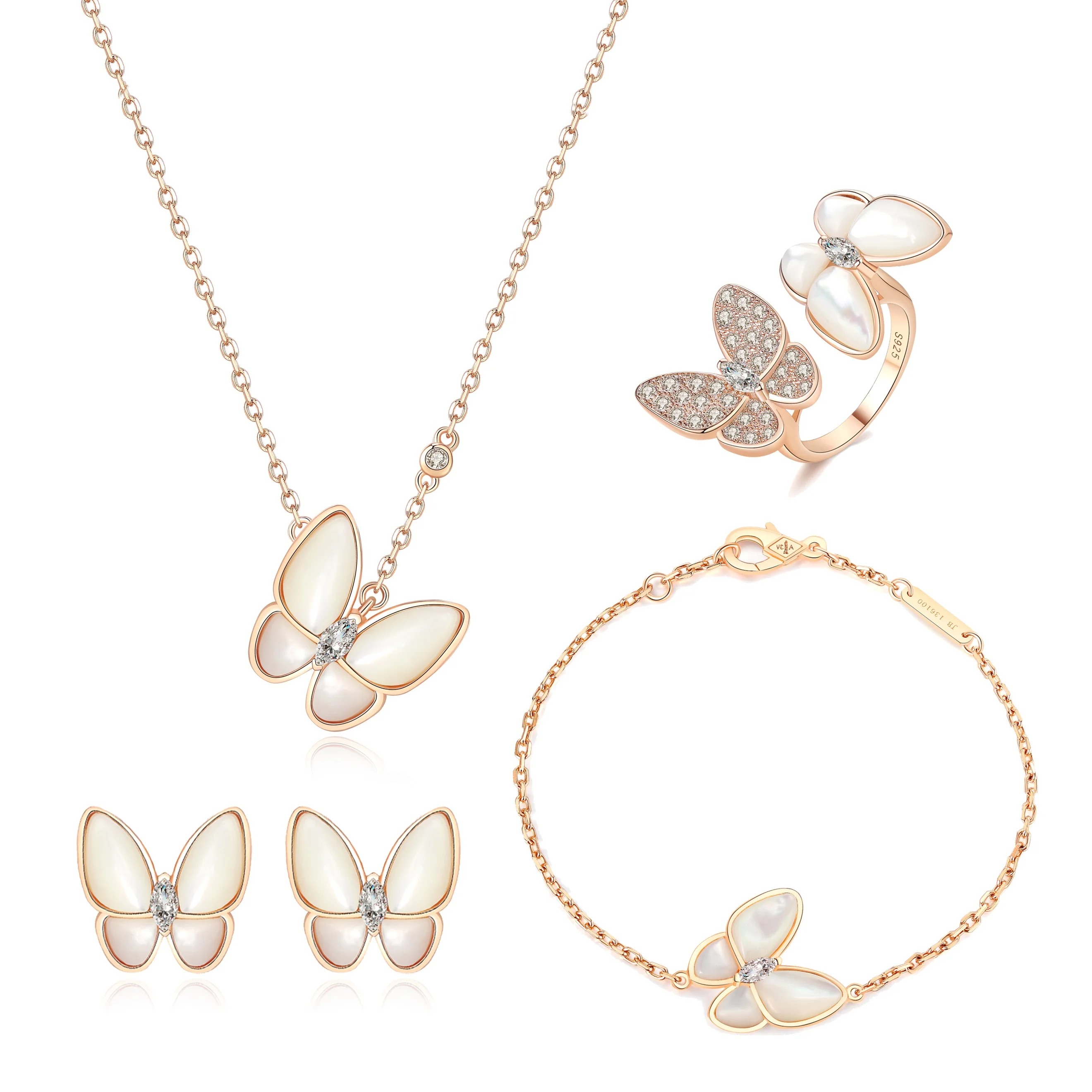 

Versatile Niche Design Brass Rose Gold Plated With Diamonds White Mother Of Pearl Butterfly Jewelry Sets, Picture shows