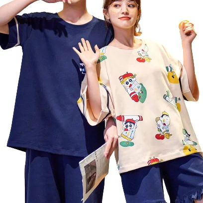 

2021 hot pure cotton color contrast animation pattern short sleeve shorts couples plus size pajamas sets for lady, Customized color