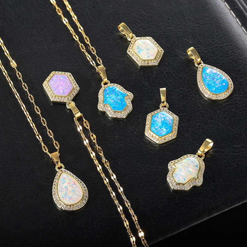 

HOVANVI New Arrival Wholesale Necklaces for Women Stainless Steel Opal Teardrop Shape Gemstone Hamsa Hand Necklace