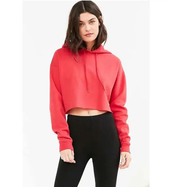 

2020 fashion loose high waist short long sleeve solid color cropped hooded pullover bare midriff