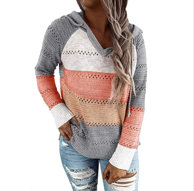 

Knitwear hoodie for women long sleeves loose fashion colorful striped patchwork for drawstring knitwear sweaters