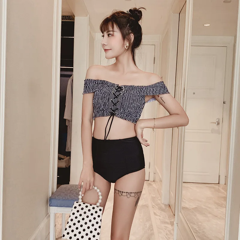 

South Korea's new girl one-shoulder bikini with small chest gathered sexy slim slim high waist split swimsuit wholesale, White