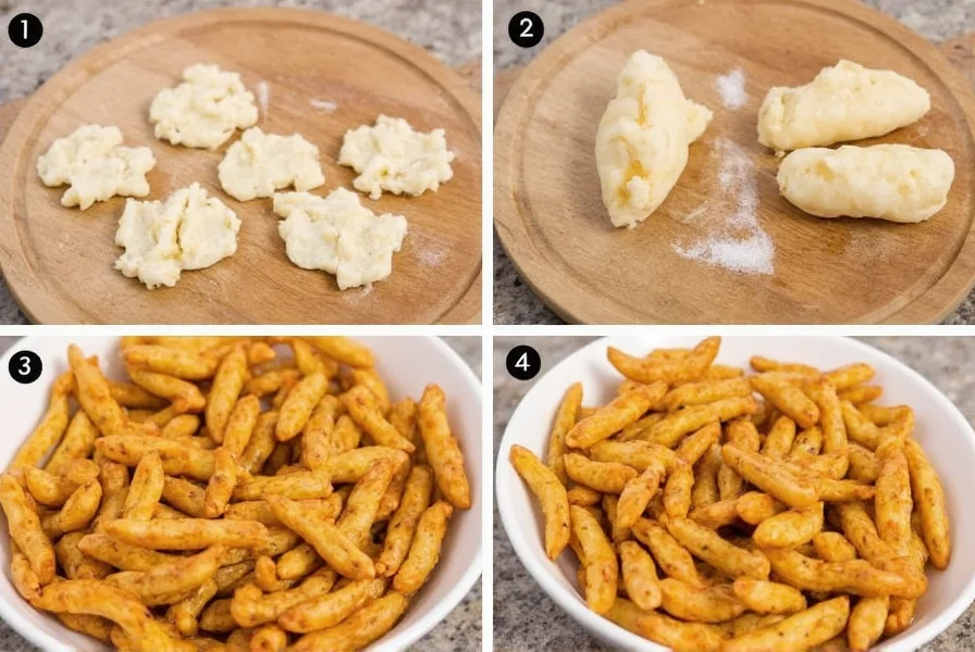 Step-by-step preparation of homemade chili crispitos showing dough cutting, frying process, and final seasoned product