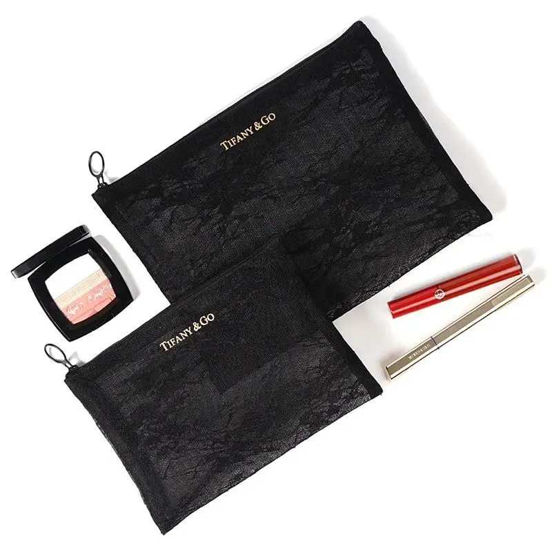 

Eco-friendly Zipper Makeup Case Lace Pouches 3 Pieces Mesh Transparent Small Black Cosmetic Bag