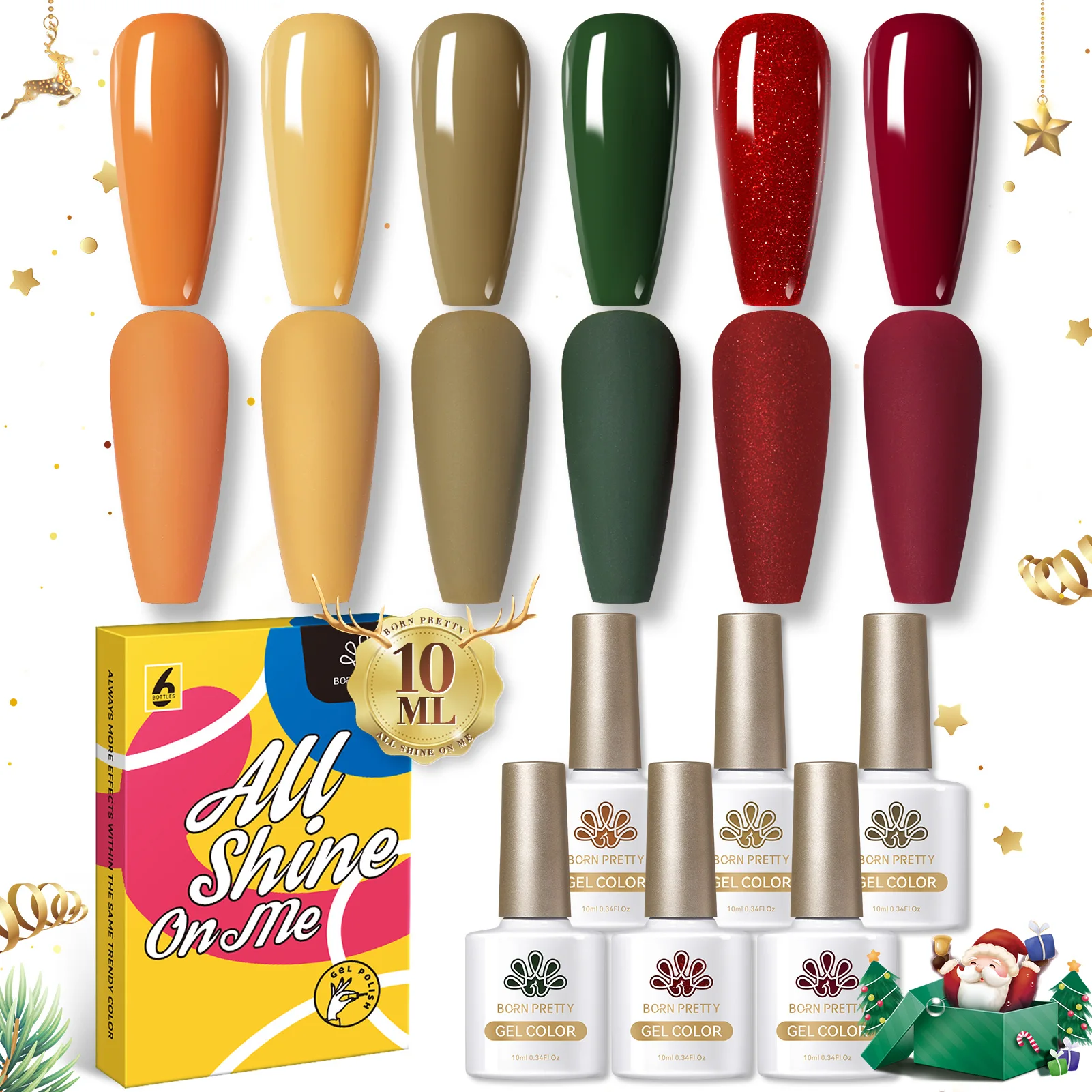 

BORN PRETTY Fall Winter Gel Nail Polish Set Red Caramel Orange Green Gel Nail Kit Manicure Christmas Gift Collection 6PCS