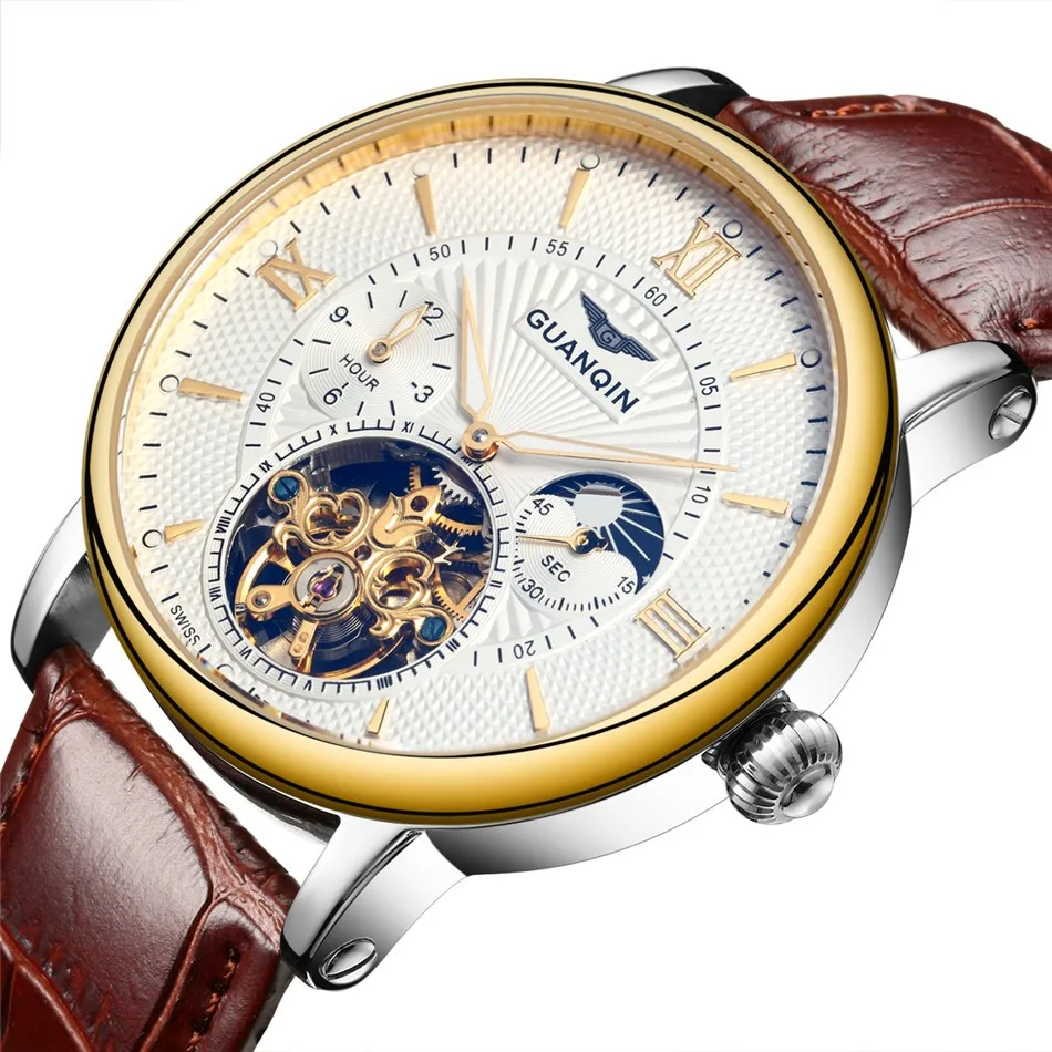 2019 Fashion GUANQIN Mens Watches Top Brand Luxury Skeleton Watch Men Sport Leather Tourbillon Automatic Mechanical Wristwatch