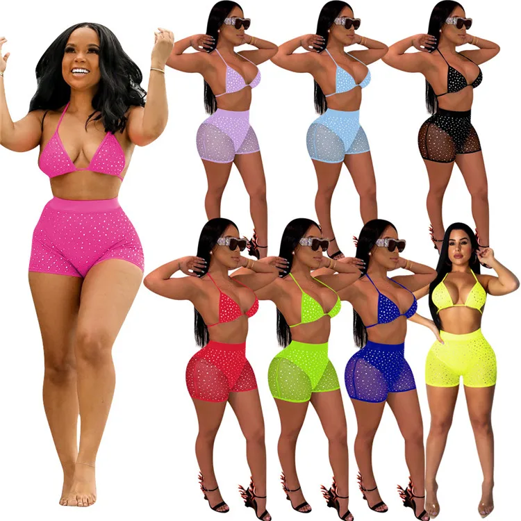 

2021 Summer women mesh swim suit mesh sequined crop top shorts suit two piece set