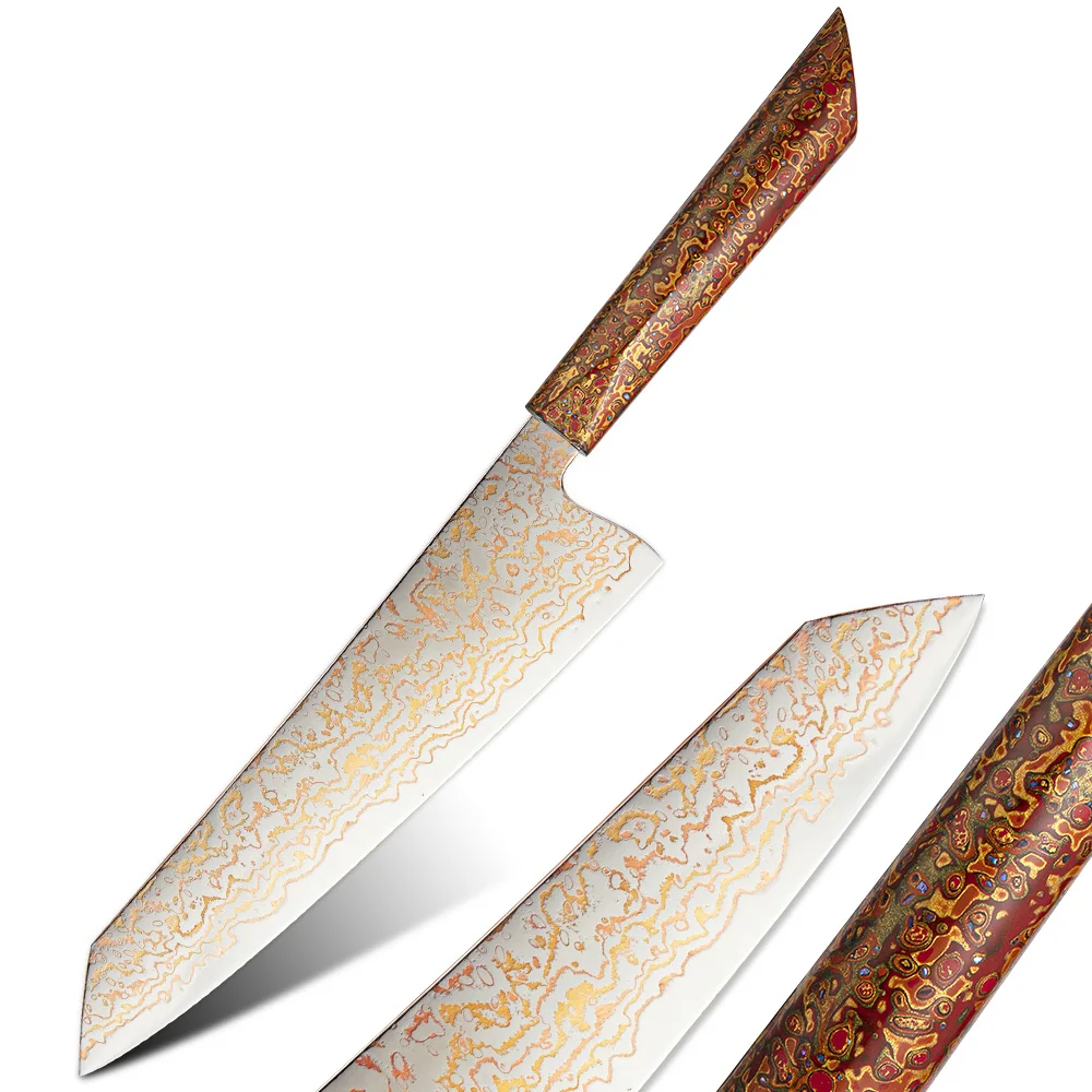 

Amber Tri-color Copper VG10 core Damascus Steel Japanese Kiritsuke Knife with Intangible Cultural Heritage Lacquer Art Wood Hand