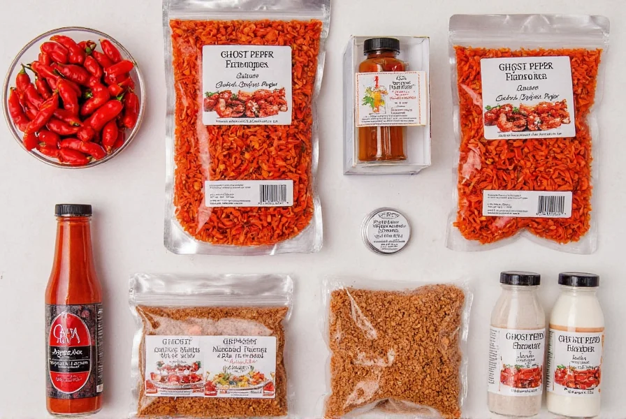 Various ghost pepper products including fresh peppers, dried flakes, powder, and sauce bottles arranged neatly