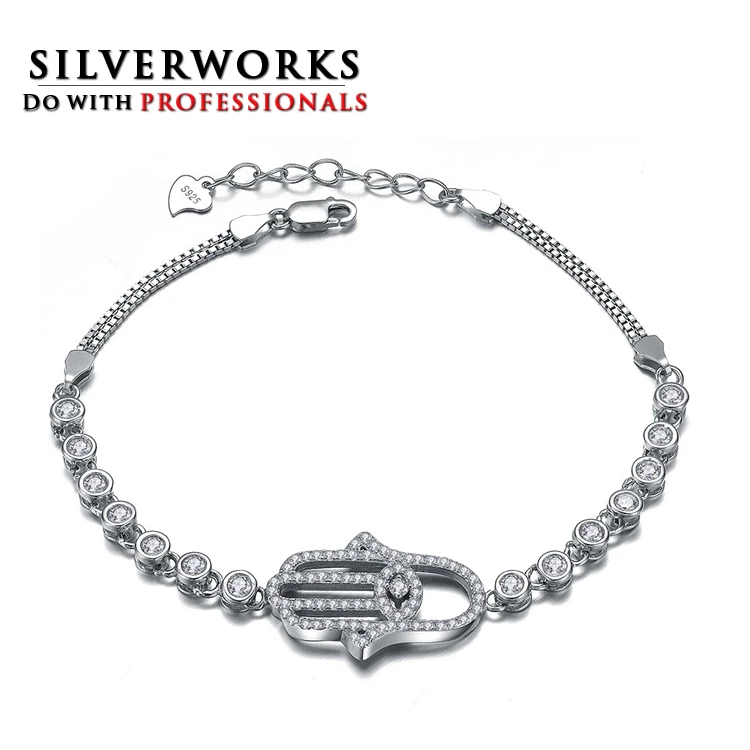 
Wholesale 925 sterling silver Hamsa Fatima hand bracelet with Zircon Turkish Jewelry 