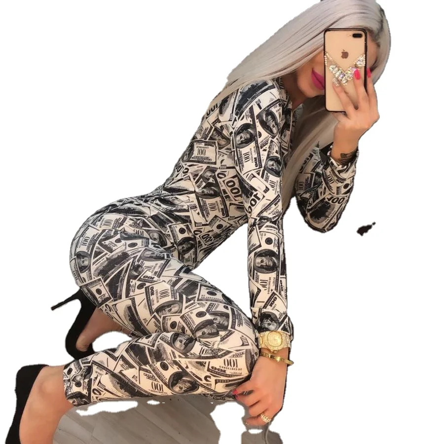 

2020 autumn one-piece long-sleeved jumpsuit US dollar euro print long-sleeved jumpsuit sexy bodysuit