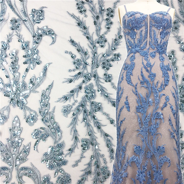 

Sky Blue Embroidery Sequin Beaded Lace Fabric for Evening Gown, Accept customized color