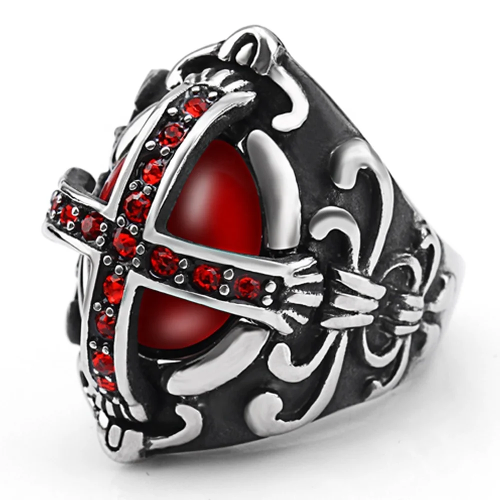 

Big Statement Jewelry Cross Design Gemstone Jewellery Men 316L Stainless Steel Ruby Ring