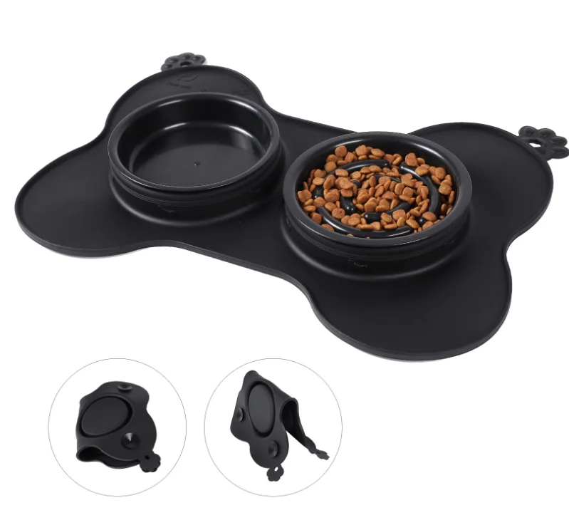 

Fashion 2021 silicone Portable Cat Pet Dog bowl Feeding Travel Water bowl bone shaped dog bowl, Grey/black/cyan