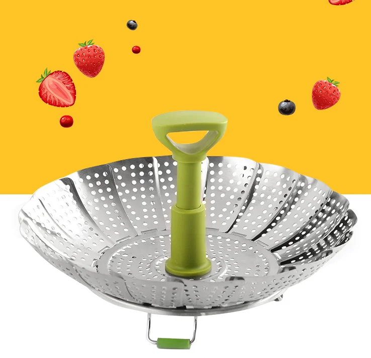 

Folding Stainless Steel Food Steamer Rack Telescopic Handle Vegetable Steamer Basket