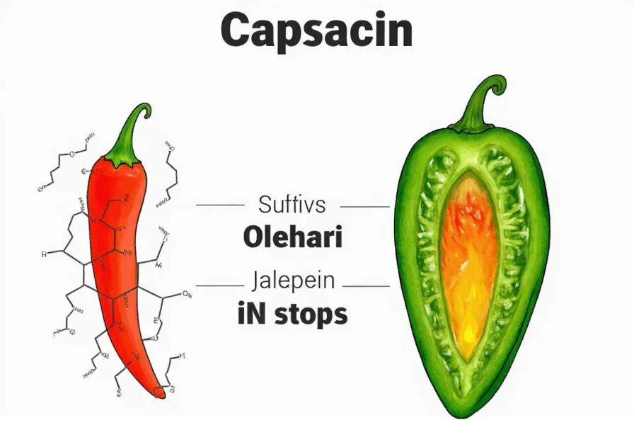 Scientific illustration showing capsaicin molecule structure and jalapeño cross-section with heat distribution