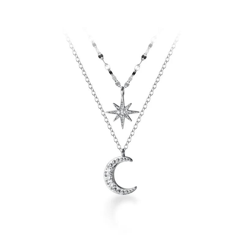 

N3234 Silver Trending Joyeria Silver 925 Double Cross Diamond Collar Bone Star Moon Silver Necklace