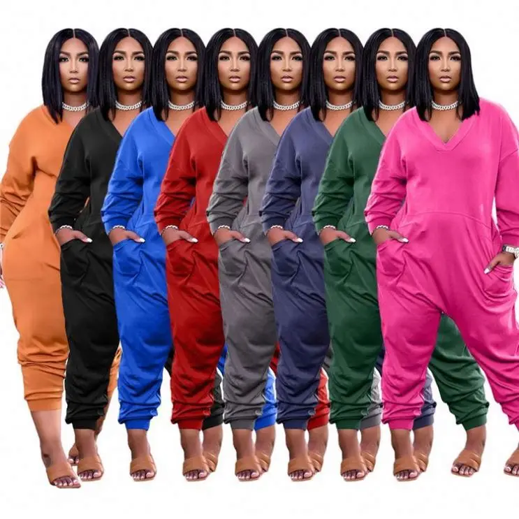 

Ckfashion New Design 2021 Solid Color V-Neck Long Sleeve Pockets Harem Pants Women Casual One Piece Jumpsuits