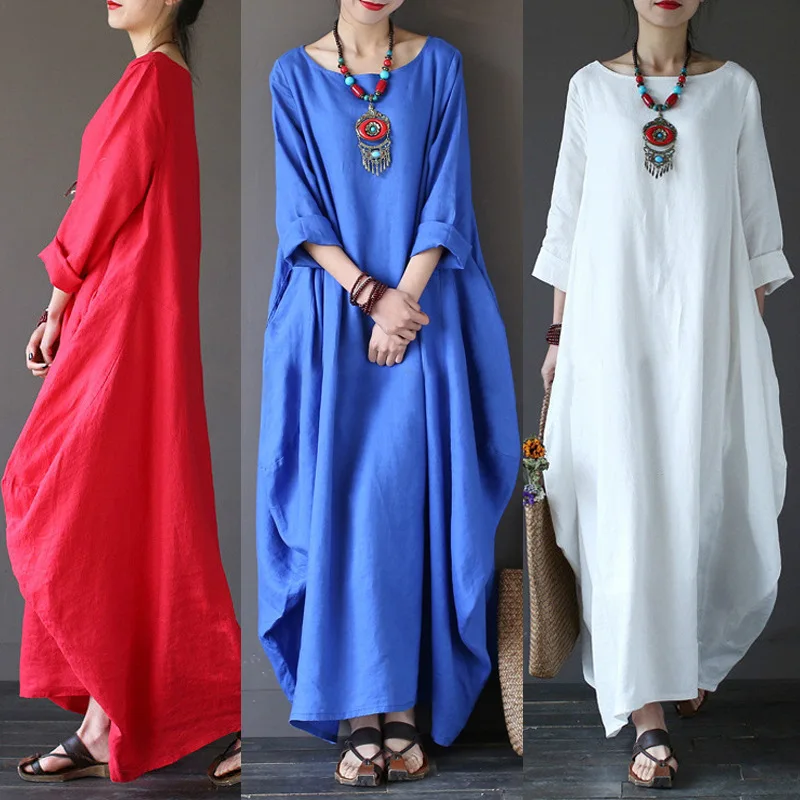 

Summwe Hot sale Natural Linen Solid O Neck Retro Clothes Long Maxi Women Linen Loose Dresses With Sleeves, Beige