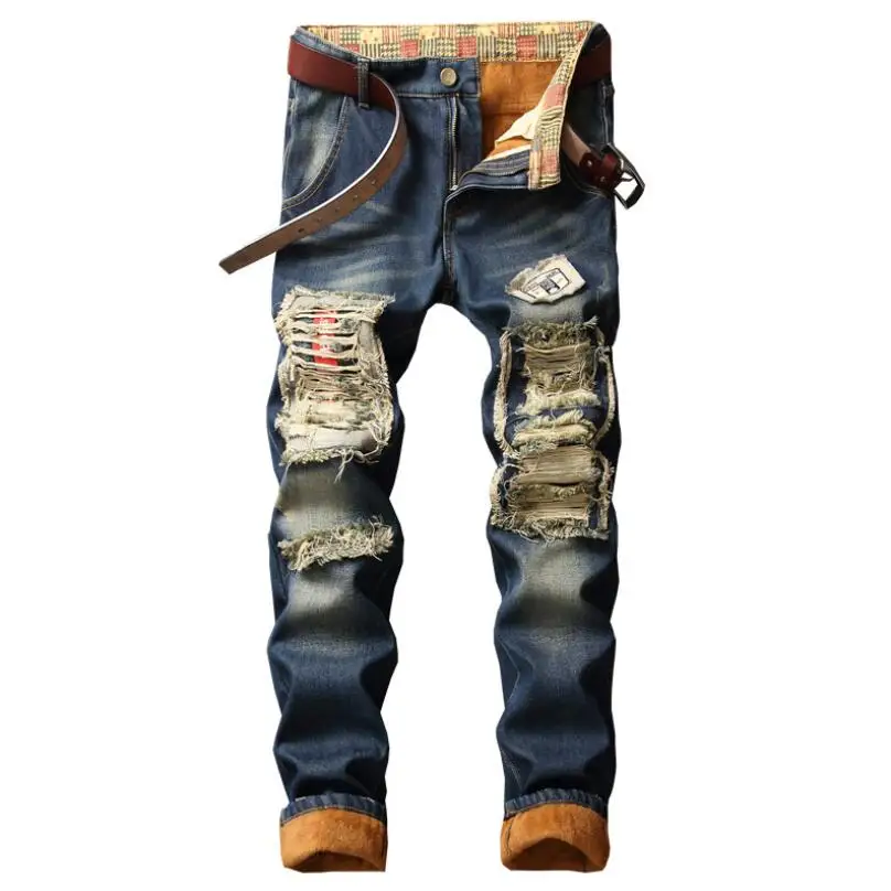 Autumn Winter Denim Designer Hole Ripped Jeans Men Size 28- 40 Plus Velvet Hip Hop Punk Streetwear Y12136