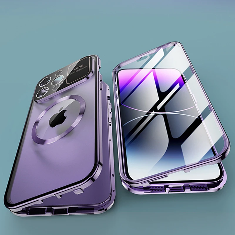 

Aluminum Metal Frame Shell For iPhone 15 14 13 12 Pro Max Magnetic 360 Full Cover Protective Privacy Screen Phone Case